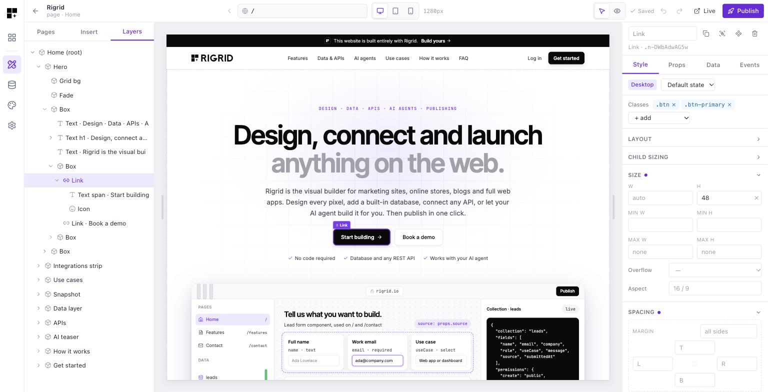 The Rigrid editor with the rigrid.io home page on the canvas, the layers tree on the left and the style panel open on the right